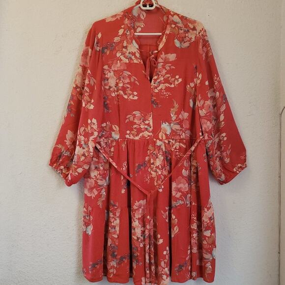 torrid Dresses & Skirts - Torrid Voluminous Dress Size 2 Crinkle Gauze Floral Red Tie Neck Self Tie Belt